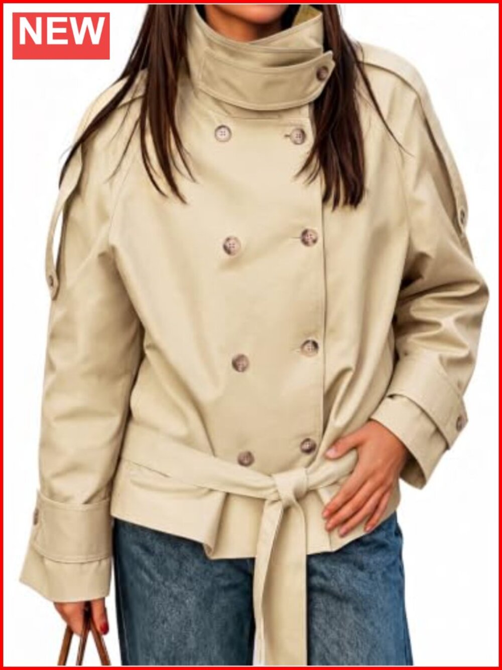 Women's Double Breasted Short Trench Coat Windproof Tailored Belt Jacket